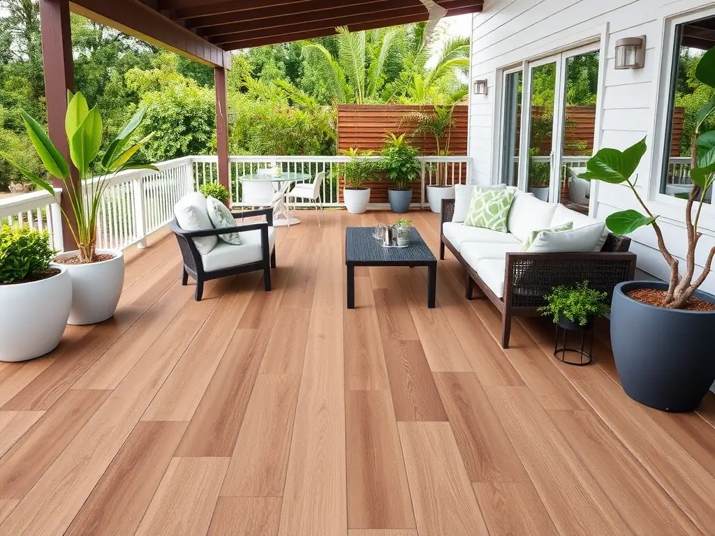 A high-quality, professionally shot image showcasing GOREVERWPC's WPC flooring installed on a modern outdoor patio. The flooring should appear durable, stylish, and seamlessly integrated with the surrounding landscape.