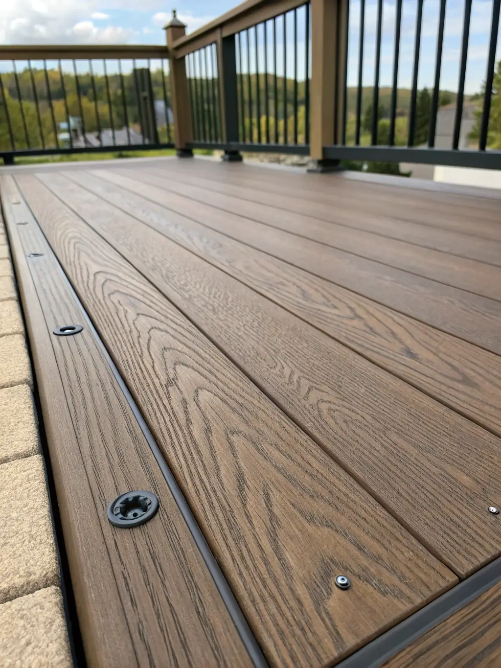 A close-up image of stylish WPC flooring installed in an outdoor patio, showcasing its texture and finish.