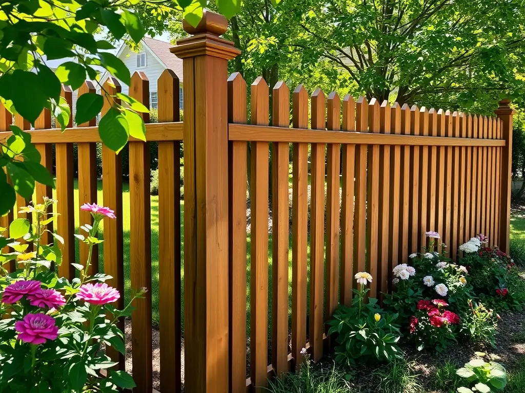 A visually appealing image displaying GOREVERWPC's WPC fences surrounding a well-maintained garden. The fences should appear robust, aesthetically pleasing, and provide privacy and security.