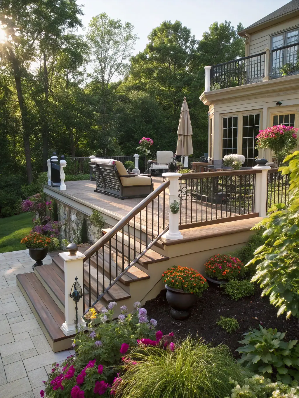 An image of modern WPC railings installed along a balcony overlooking a garden, highlighting their sleek design.